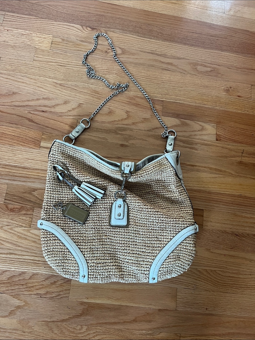 Coach Beige Woven Shoulder Bag with White Trim and Chain Strap